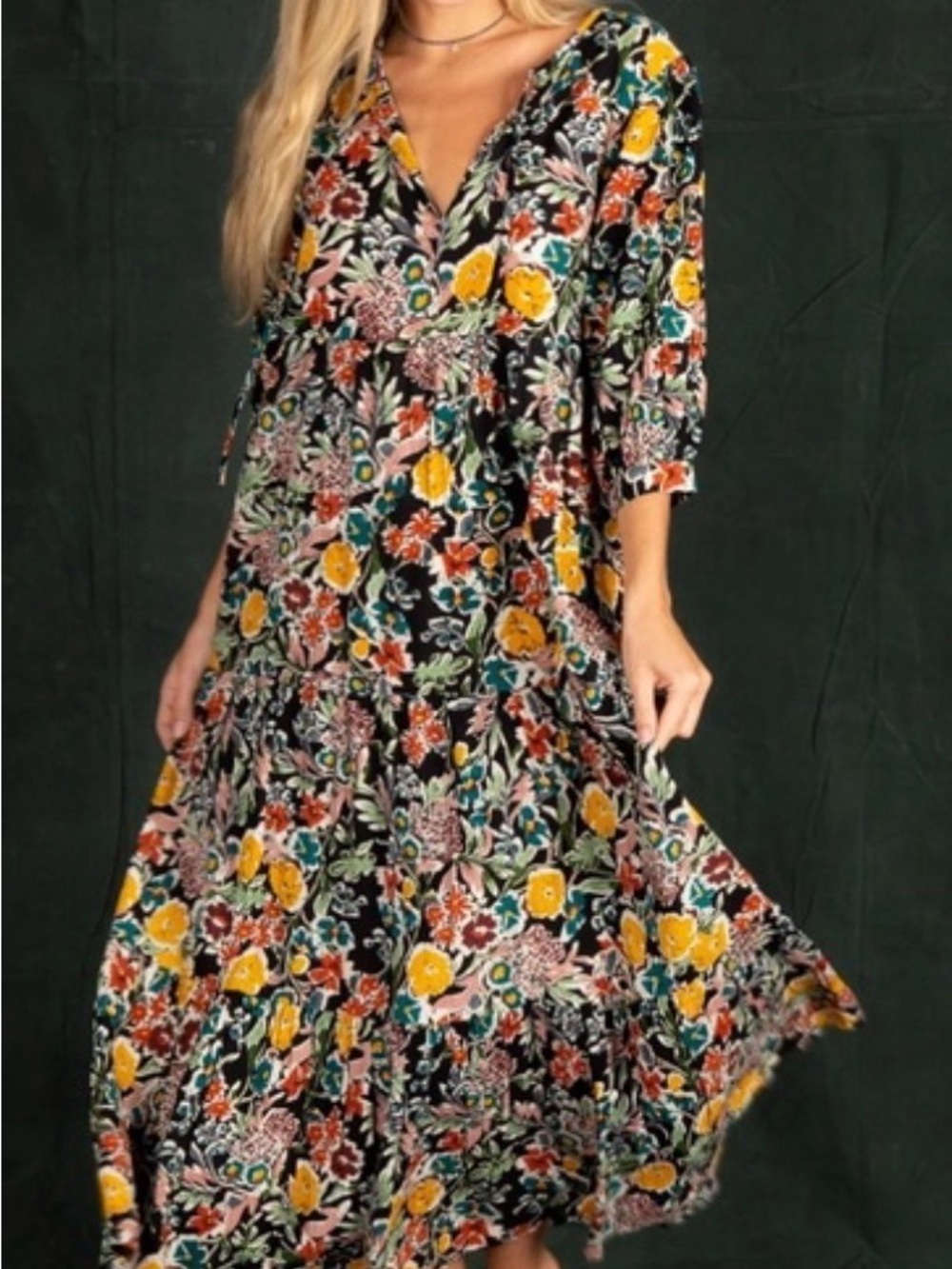 NATURAL LIFE Black Floral Maxi Dress with Yellow and Orange Blooms